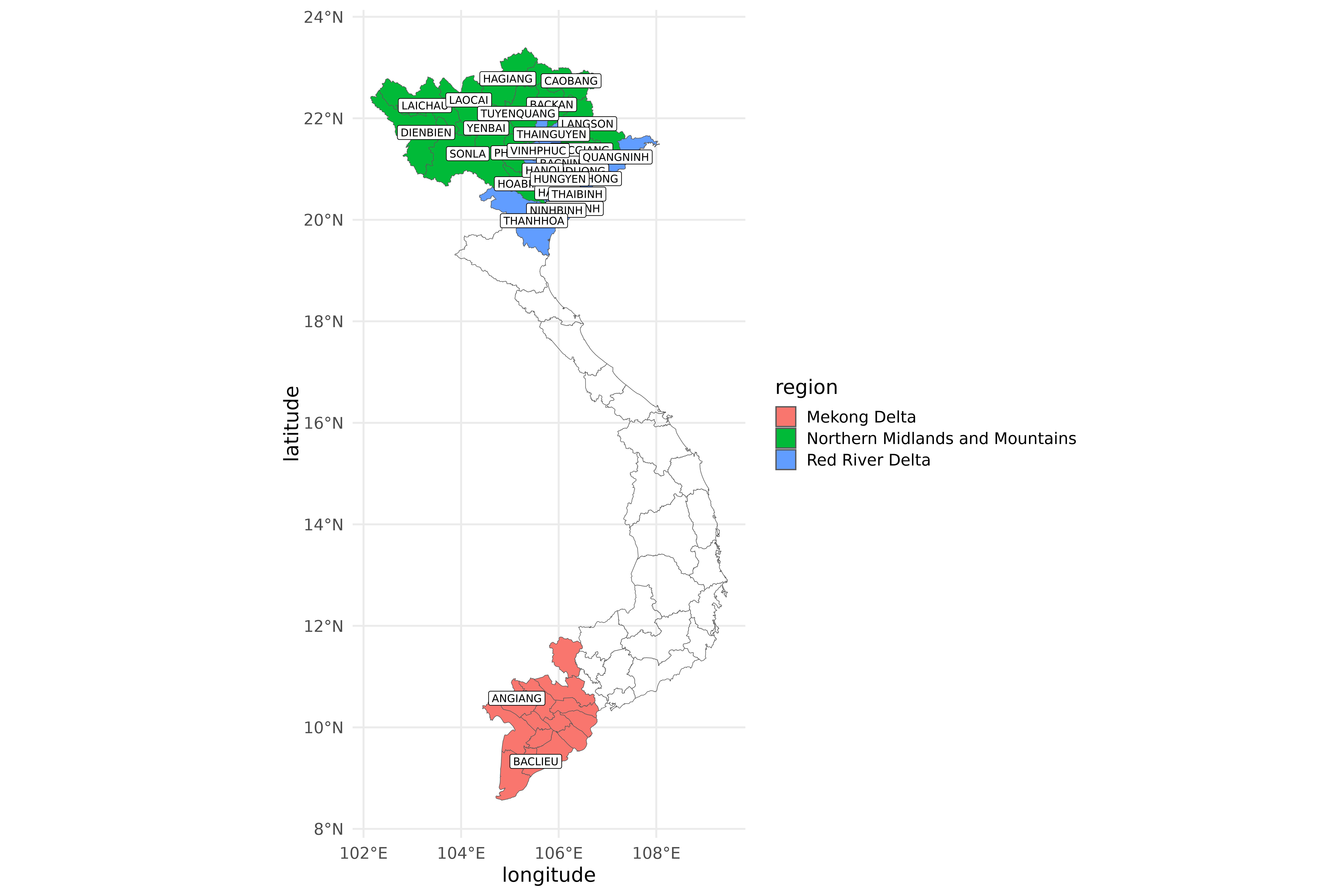 Map of Vietnam showing the 63 provinces, color-coded by region. The 28 provinces included in the toy example are labeled.